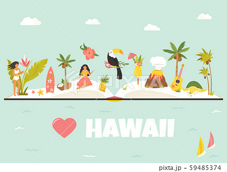 Tourist poster with famous landmarks of Hawaii. Tourist poster with famous landmarks of Hawaii. 59485374