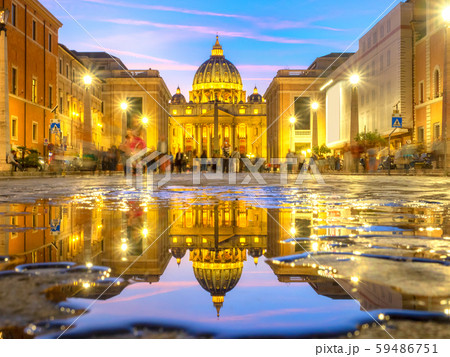 Dusk view of Saint Peter Basilica illuminated, 59486751