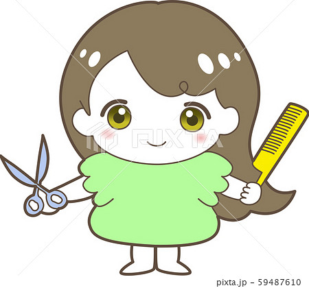 ハサミ クシ 女の子 ごげ茶色 美容師 理容師 キャラクター かわいい ヘアセット のイラスト素材