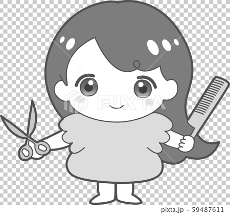 ハサミ クシ 女の子 美容師 理容師 キャラクター 白黒 かわいい ヘアセット のイラスト素材