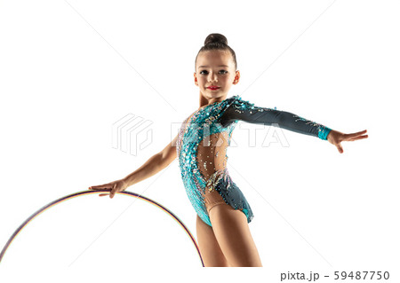 Little flexible female gymnast isolated on white studio background 59487750