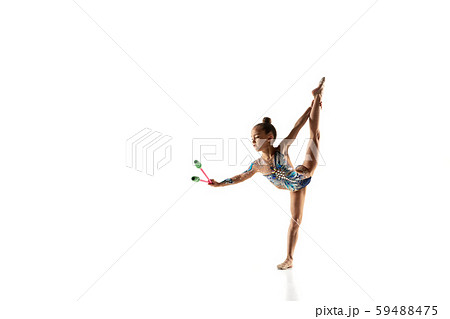 Little flexible female gymnast isolated on white studio background 59488475