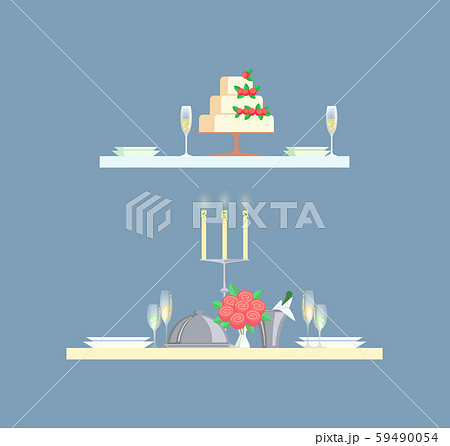 Table for Two Serving with Cake and Glasses Vector 59490054