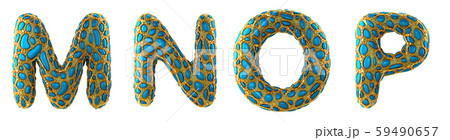 Letter set M, N, O, P made of realistic 3d render golden shining metallic. 59490657