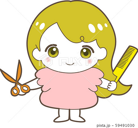 ハサミ クシ 女の子 栗色 美容師 理容師 キャラクター かわいい ヘアセットのイラスト素材