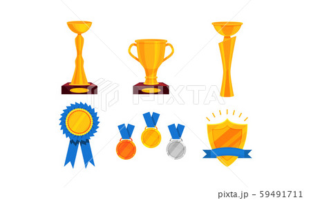 Set With Golden Cups And Trophies On Pedestals Vector Illustration Set With Golden Cups And Trophies On Pedestals Vector Illustration 59491711
