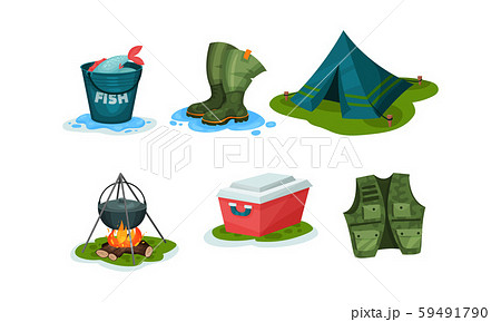 Outdoor Activities, Fishing And Camping Stuff Vector Illustration Set Isolated On White Background Outdoor Activities, Fishing And Camping Stuff Vector Illustration Set Isolated On White Background 59491790