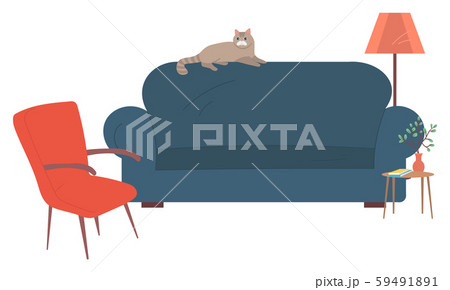 Sofa with Armchair and Lamp, Cat Pet on Furniture 59491891