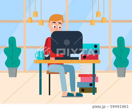 Male Working with Computer, Home Workplace Vector 59491961