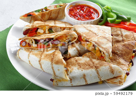 mexican chicken quesadillas with veggies, top view mexican chicken quesadillas with veggies, top view 59492179