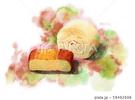 水彩で描いたロールケーキとチーズケーキのイラスト素材