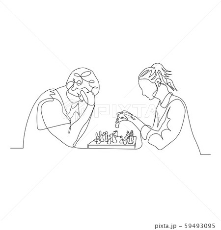 Continuous one line man and woman play chess. Man thinks, woman makes a move. Vector 59493095