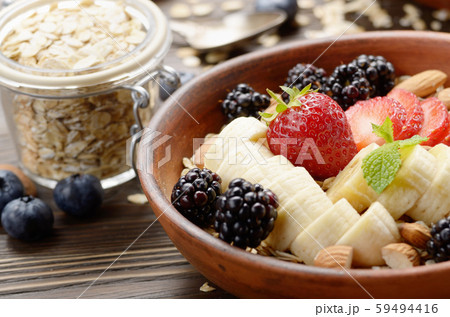 Fruit healthy muesli with banana strawberry Fruit healthy muesli with banana strawberry 59494416