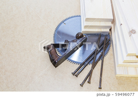 Wooden light boards. Place for text, saws. Plane, nails. 59496077