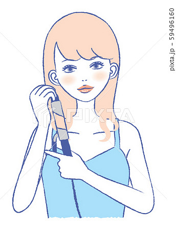 女性 ヘアアイロン コテ 巻き髪 ヘアスタイル イラストのイラスト素材