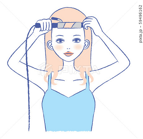 女性 ヘアアイロン コテ 巻き髪 ヘアスタイル イラストのイラスト素材