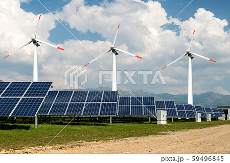 Photo collage of solar panels and wind turbins, Photo collage of solar panels and wind turbins, 59496845