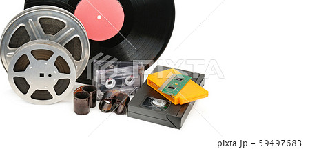 Vinyl record, video and audio cassettes isolated 59497683