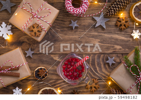 New Year Christmas composition with cranberry tea 59498182