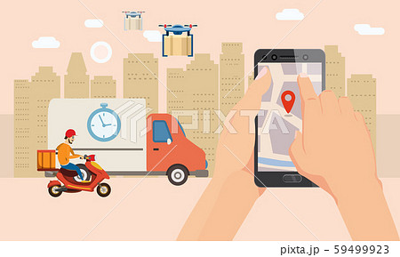 Delivery truck dron scooter service. Hand hold smartphone application for parcel shipment tracking 59499923