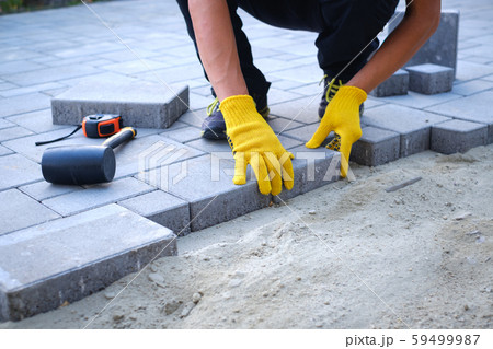 The master in yellow gloves lays paving stones 59499987