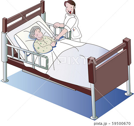 介護ベッドの老人と介護士のイラスト素材