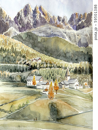 フネスの谷　ドロミーテ山地　アルプス　水彩画　手書き　スイス 59501386