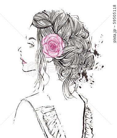 バラの花飾りをつけた女性の横顔のイラスト素材