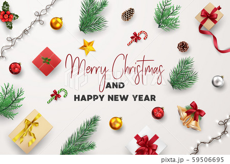 Christmas and Happy new year greeting card Composition of Elements with Christmas Decorations. Christmas and Happy new year greeting card Composition of Elements with Christmas Decorations. 59506695