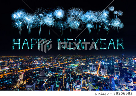 happy new year fireworks over Bangkok cityscape at 59506992