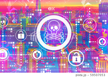 Virus and scam theme with downtown San Francisco skyline 59507053