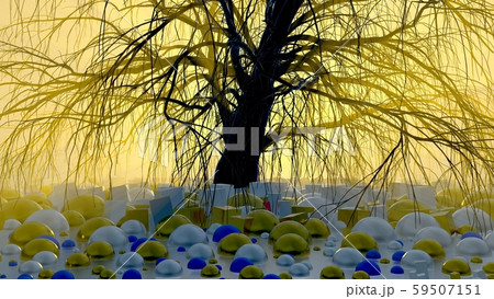 Lonely tree without leaves in fog or mist lit by bright orange sun god rays and astract ground full 59507151