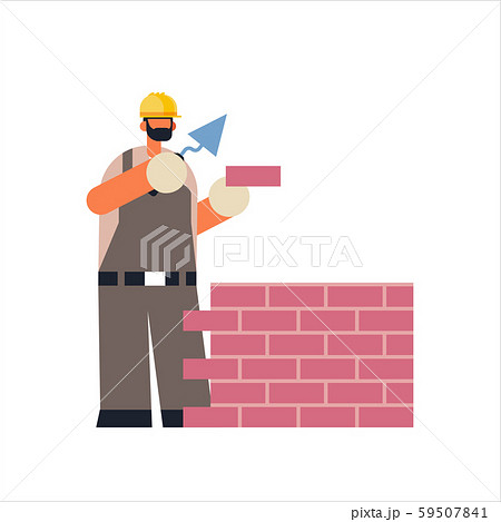 male builder using spatula workman laying brick wall construction worker in uniform bricklaying 59507841