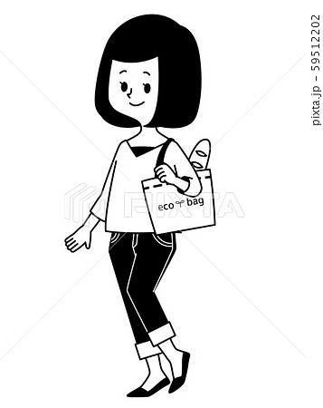 エコバッグで買い物をする女性 白黒のイラスト素材