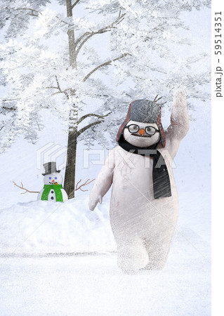 雪景色の中で手を振りながら歩いてくるスノーマンのイラスト素材