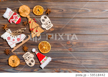 Top view of Christmas decorations and toys on Top view of Christmas decorations and toys on 59518442