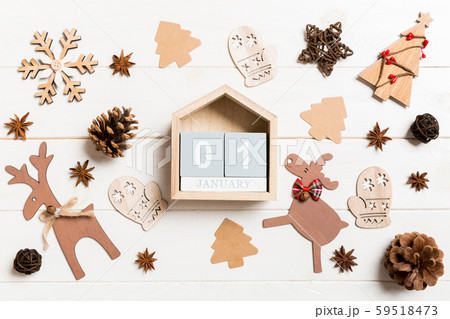 Top view of calendar on Christmas wooden 59518473