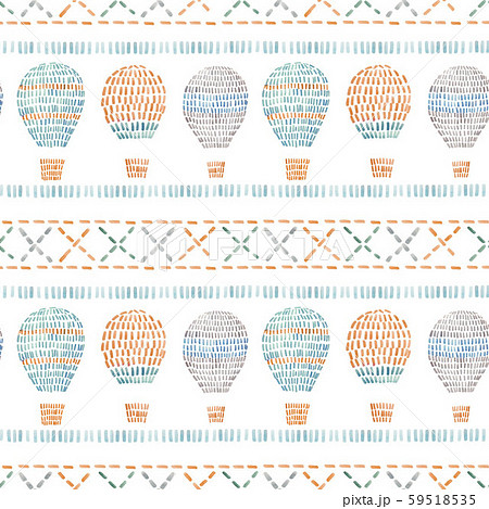 Watercolor seamless pattern with air baloons, sky, clouds, stars, in cute baby stitch embroidery 59518535