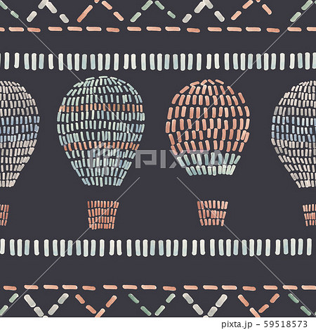 Watercolor seamless pattern with air baloons, sky, clouds, stars, in cute baby stitch embroidery 59518573