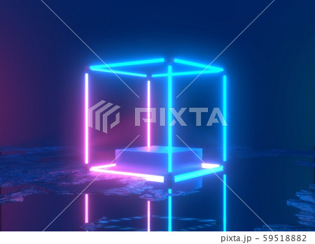 Neon background. 3d rendering pedestal, shiny metallic podium with glowing square frame. Blank Neon background. 3d rendering pedestal, shiny metallic podium with glowing square frame. Blank 59518882