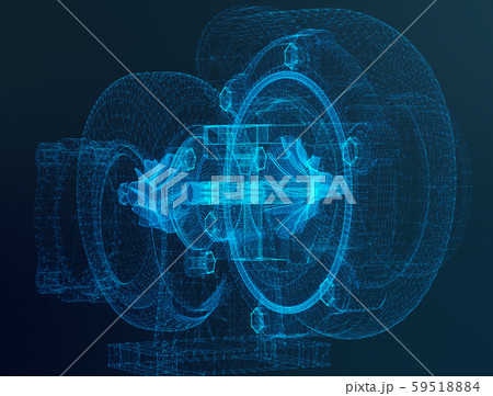 Turbocharger wire-frame glow background. Parts for cars. Power gain impeller. 3d rendering Turbocharger wire-frame glow background. Parts for cars. Power gain impeller. 3d rendering 59518884
