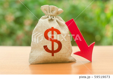 Money bag with dollar symbol and red arrow down. Reduced tax revenues, economic difficulties, departure of capital, investors. Falling wages and welfare. Low profits and liquidity of investments. Money bag with dollar symbol and red arrow down. Reduced tax revenues, economic difficulties, departure of capital, investors. Falling wages and welfare. Low profits and liquidity of investments. 59519073