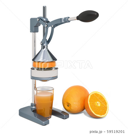 Manual citrus juicer with glass of orange juice Manual citrus juicer with glass of orange juice 59519201