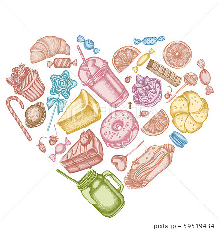 Heart design with pastel cinnamon, macaron, lollipop, bar, candies, oranges, buns and bread Heart design with pastel cinnamon, macaron, lollipop, bar, candies, oranges, buns and bread 59519434
