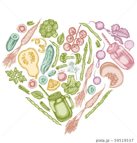 Heart design with pastel lemons, broccoli, radish, green beans, cherry tomatoes, beet, greenery 59519537