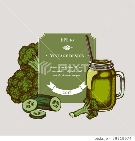 Badge design with colored broccoli, smothie jars, cucumber 59519674