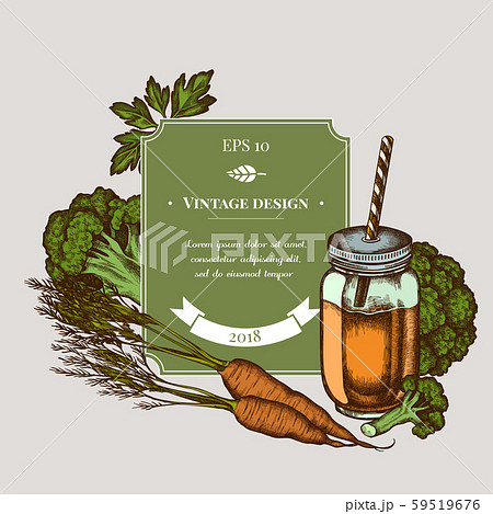 Badge design with colored broccoli, greenery, carrot, smothie jars 59519676