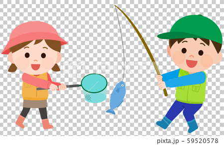 魚釣りする男の子 女の子 イラストのイラスト素材