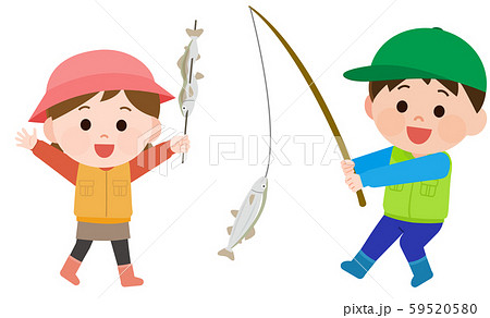 魚釣りする男の子 焼き魚を持つ女の子 イラストのイラスト素材