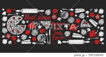 Vintage drawing, pizza, table, organic food ingredients. Hand drawn pizza illustration. Great for 59520640